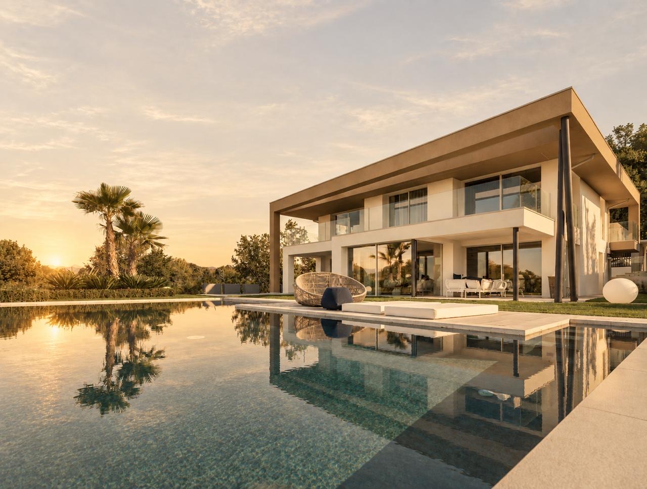 A modern residence at sunset, its terrace and cantilevered roof reflected in the pool