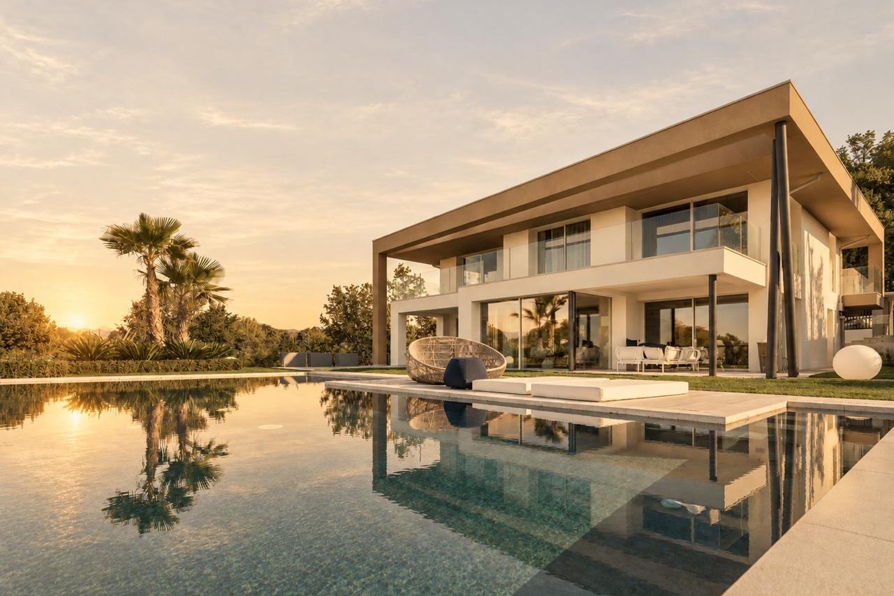 A modern residence at sunset, its terrace and cantilevered roof reflected in the pool